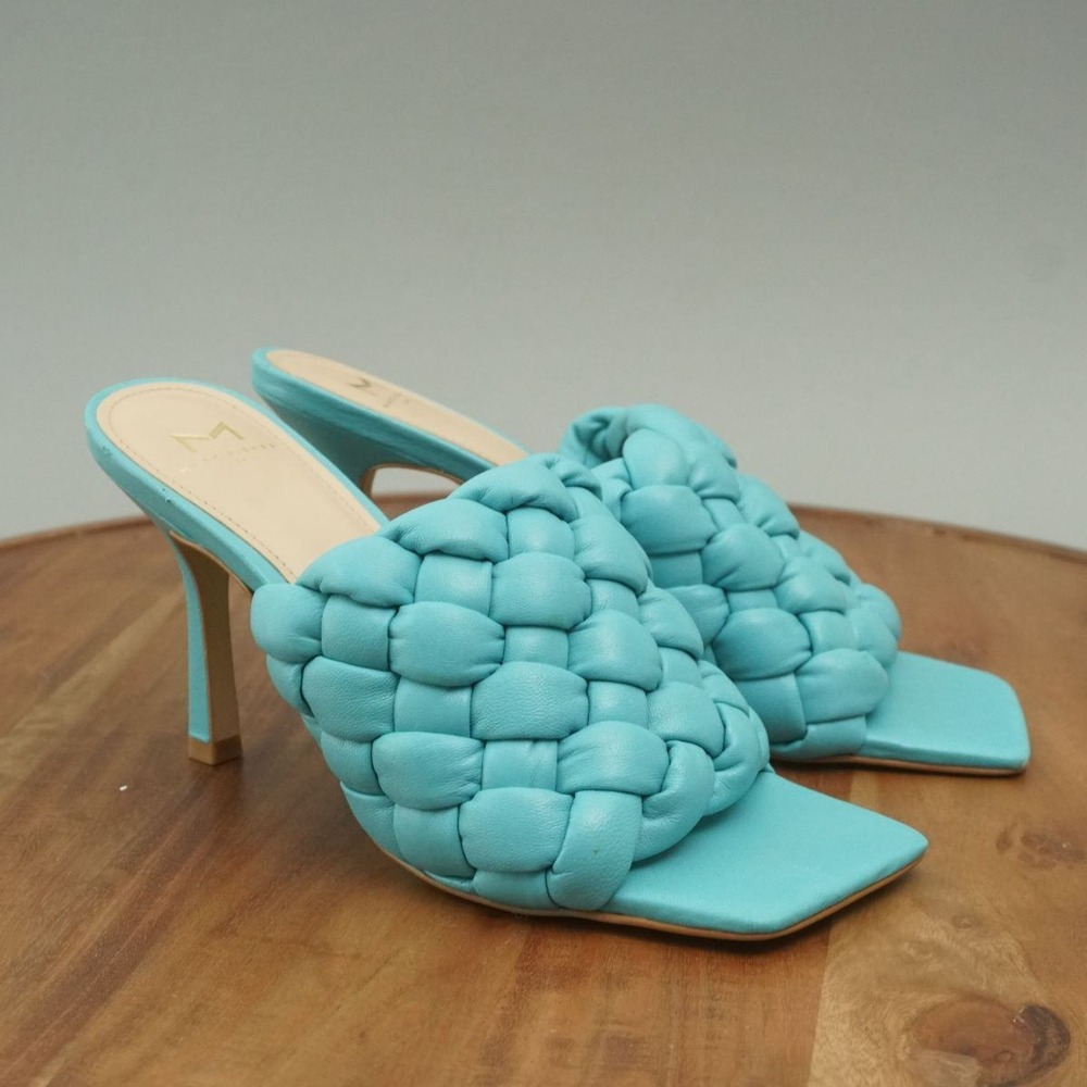 Marc Fisher Woven Leather Mules Slides Heels Square Toe Blue Leather Size 9M